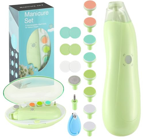 Zooawa Baby Nagelknipser 20 in 1, Elektrischer Baby Nageltrimmer, Nagelfeilen Set mit 12 Ersatzpads, Pflegeset für Neugeborene Säuglinge Kleinkinder Erwachsene, Zehen Fingernägel Pflege, Avocado Grün