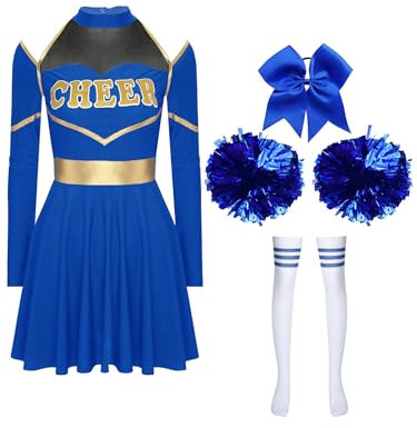Aislor Cheer Leader Kostüm Damen Halloween Langarm Cheerleading Uniform Outfits Tanzkleid Mit Pompoms/harrband Karneval Cheerleading Kostüm I Königsblau M