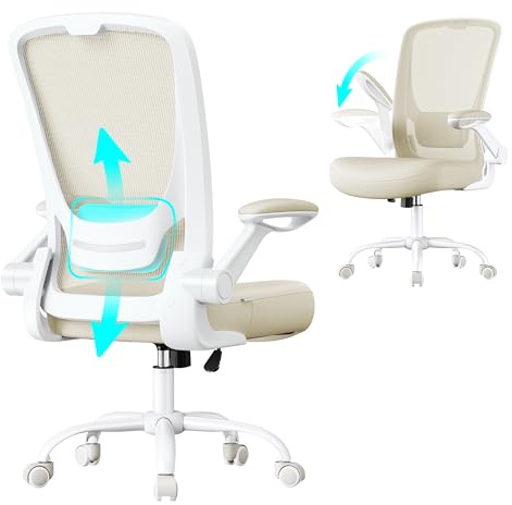 SONGMICS Sedia da Ufficio Girevole, Sedia di Rete da Computer Ergonomica, Supporto Lombare, Oscillante, Seduta 53 cm, Braccioli Pieghevoli, Beige Cappuccino OBN037K02