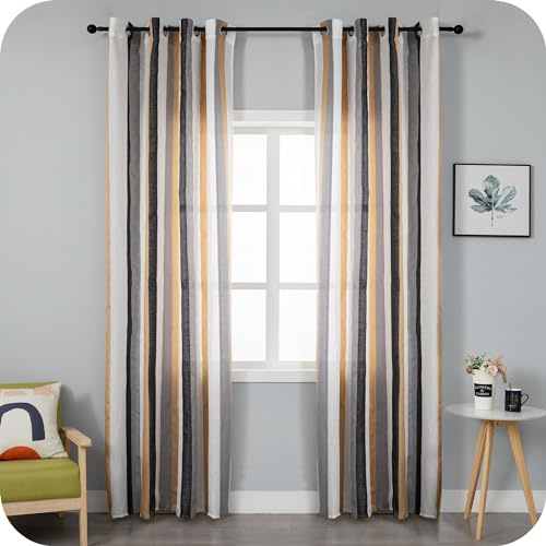 GIRASOLE HOME Coppia Tende Semi Filtranti a Righe Colorate 2 Pannelli da 140x290cm con Occhielli, Nero
