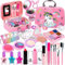 POWLYB Maquillage Enfant Jouet, 38pcs Lavable Malette, Coffret Makeup Set pour Filles, Cadeau de Noël d'Anniversaire pour 4-10+ Ans