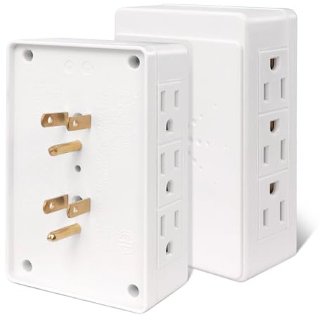 EXTRASTAR Plug in Outlet Extender,2 Pack 6 Grounded Outlet to The Side,Wall tap Side Access Adapter,Charging Station, 3-Prong,ETL Listed, White