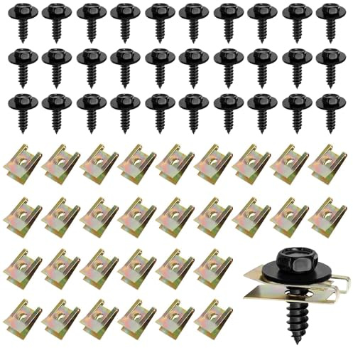IETWATE 60 Pièces Clips de Fixation Voiture Metal, Agrafes Carrosserie de Acier au Manganèse, U Clips Voiture de Metal, Vis et Ecrou Cage Hexagonale Auto, pour Voiture Garde-Boue Panneaux de Portes