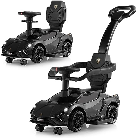 COSTWAY 3 en 1 Lamborghini Porteur Enfant avec Musique & Phares & Volant Réaliste, Voiture à Pousser Enfant avec Poignée & Garde-Corps Amovibles, Espace Caché, Charge 25kg pour 18-60 Mois (Noir)