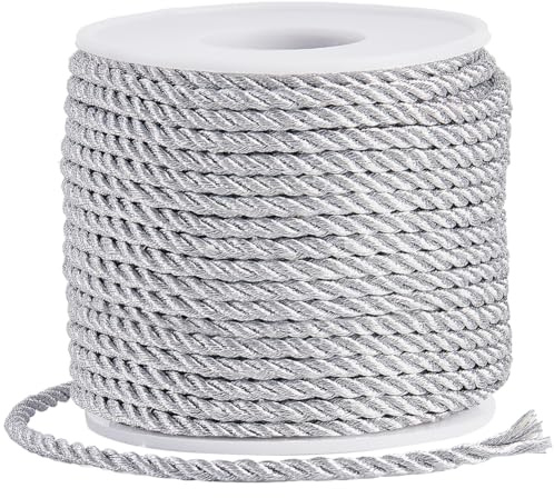 SOFPLATE 22 Yards/20M Decorative Rope Trim Twisted Cord Ribbon 3mm Silver 3-Ply Twist Cording Trim Thread Braided Ropes for Graduation Honor Cord Handfasting Home Decor Upholstery Curtain Tieback