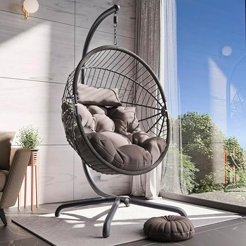 Blisswood Rattan Swing Egg Chair Garden Patio Indoor Outdoor Hanging Egg Chair With Cushion & Stand Indoor & Outdoor Egg Chair Upto 150kg Weight Capacity (Dark Grey)