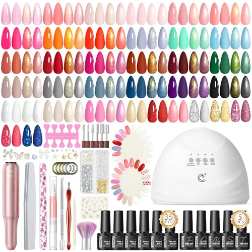 PEACECOLOR 58PCS Gel Nail Polish Set with Drill and Lamp, 35+5 Colours | White Pink Red Nail Kit, Nail Gel Polish set, Glossy Matte Glitter Base Top Coat, Salon Full Tools Set, DIY Home, Gifts Women