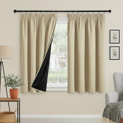PONY DANCE 100% Blackout Thermal Insulated Curtains, 52x54, Biscotti Beige | Pencil Pleat Rod Pocket Curtains for Bedroom and Living Room, 2 Panels, Noise Reduction, Light Blocking & Privacy Drapes