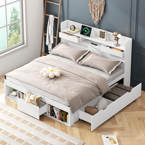 Miyemo Double Bed with Storage, 4ft6 Double Bed Frame with Drawers, Bookcases and USB-Port, Multifunctional Bed with Storage Headboard for Youth & Kids, 135x190cm, White, (No Mattress)