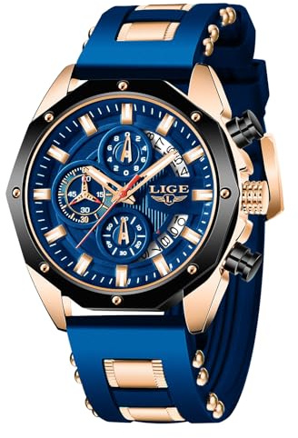 LIGE Montre Homme 3ATM Etanche Vintage Montres pour Hommes Chronographe À Quartz Analogique Étanche Bracelet Silicone Lumineux Date Affaires Élégant Quotidien Waterproof Watches for Men,Or Rose Bleu