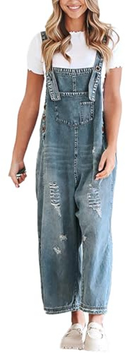 ticticlily Peto Vaquero Mujer Verano Largo Monos de Mezclilla Rasgado con Tirantes Overol Clásico Suelto Pantalones Baggy Piernas Anchas Jumpsuit Denim Playsuit