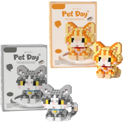 Cats Building Block Set, 2 Pcs Cats Building Block Mini Bricks Toy Animals Bricks Blocks Collection Creativity Toy Brick DIY Blocks Home Decor Ornament Gifts for Adults Teens Children (Yellow, Grey)