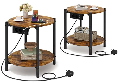 IRONCK Rund Nachttisch 2er Set, Beistelltisch mit Steckdose, USB-C-Anschluss, Kleiner Tisch Holz & Metall, Sofatisch Wohnzimmertisch Couchtisch 2 Ablage für Schlafzimmer (Vintagebraun, 2 Stücke)