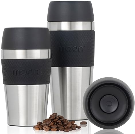 Moon 360° Thermobecher to go, Auslaufsicherer Kaffee- & Tee-Becher aus Edelstahl, Thermotasse mit Deckel, Spülmaschinenfeste Thermoflasche, Isolierter Coffee Becher (300 ml, recyceltes Metall/Schwarz)