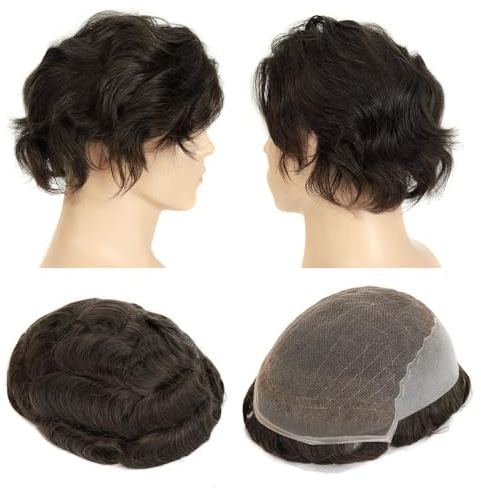Topunique Swiss Lace Front with Thin Skin Back and Side Hair System for Men, 8x10 Inch Size Single-Knotted Invisible Hairline 130% Density Hairpiece #3 Dark Brown