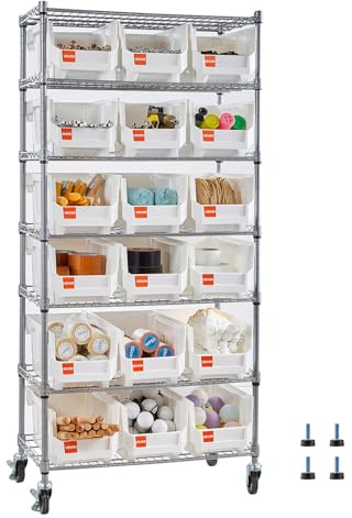 VEVOR 7-Tier Rolling Bin Storage Rack, 18 Organizer Bins, Bin Rack Storage Steel Wire Shelving System with Wheels, Mobile Tool Organizer for Garage, Warehouse, Office, Restaurant, Classroom, Kitchen