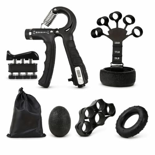 Kit Ejercitador de Mano y Dedos 6 en 1 – Fortalecedor de Agarre Ajustable 5-60kg, Entrenamiento de Antebrazo, Rehabilitación, Antiestrés, Incluye Aros, Bola, Extensor y Bolsa de Transporte