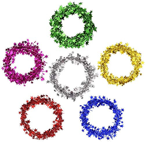Shappy 147.6 ft Star Garland Wired Christmas Tinsel Garland for Tree Metallic Small Mini, 6 Rolls for Decorations (Multicolor)