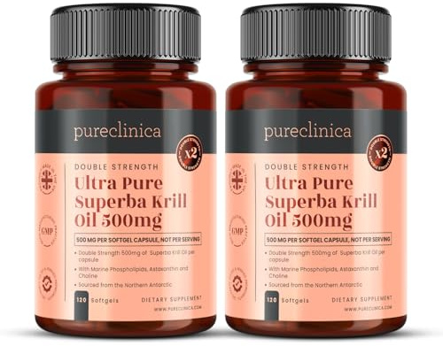 Huile de Krill Ultra Pure 500mg x 240 gélules (2 bouteilles) - provenant des eaux non polluées de l'Antarctique et riche en Astaxanthine et Oméga-3.