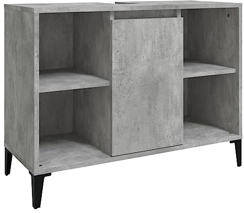 HFXHIJXQ Meuble sous-lavabo, gris béton, 80 x 33 x 60 cm, matériau dérivé du bois avec pieds en métal, 5 compartiments, meuble de salle de bain moderne, double lavabo, convient pour petite salle de
