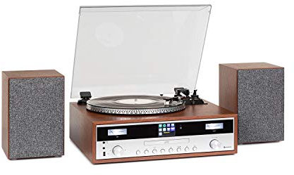 auna Birmingham chaîne Hi-FI stéréo :Tuner Radio Internet/Dab+/FM, 2 Haut-parleurs de 50W, Fonction Bluetooth, Platine, entraînement par Courroie 33 et 45 TR/Min, Lecteur CD, Port USB,Bois