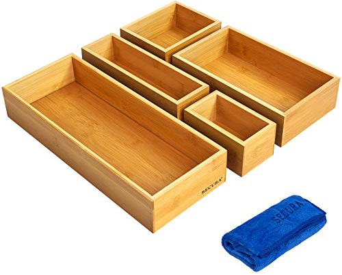 Secura Kitchen Drawer Utensil Organizer Box Set 𝟱 𝗣𝗮𝗰𝗸, Bamboo Utensil Holder Cutlery Makeup Silverware Jewelry Flatware Organization Tray for Kitchen, Bathroom, Office and Living Room