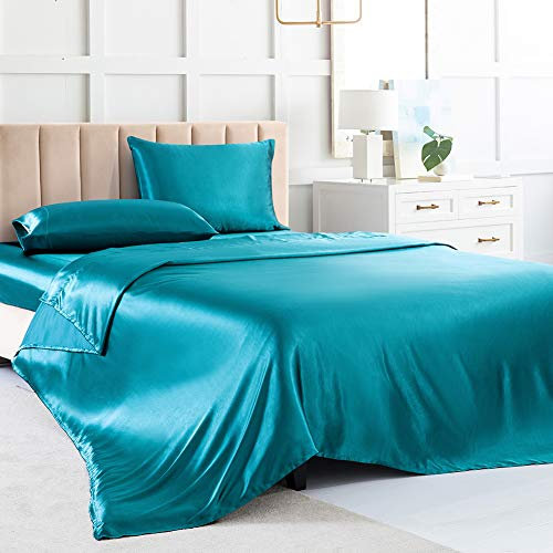 Luxbedding Satin-Bettlaken-Sets in voller Größe, Blaugrün, 4-teiliges weiches Bettwäsche-Set mit 1 tiefen Spannbetttuch, 1 Bettlaken, 2 Kissenbezüge
