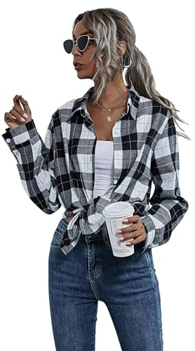 Floerns Women's Casual Long Sleeve Button Down Plaid Shirt Blouse Top Black and White M
