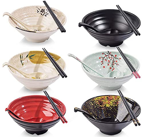 JUNYFFF Großes Ramen-Schüssel-Set – Ramen-Schalen, Essstäbchen, Löffel Und Kleine Schüssel Für Sauce – Japanisches Geschirr Ideal Für Ramen-Nudeln Oder Pho-Nudelsuppe – 6 Sets (18 Stück)