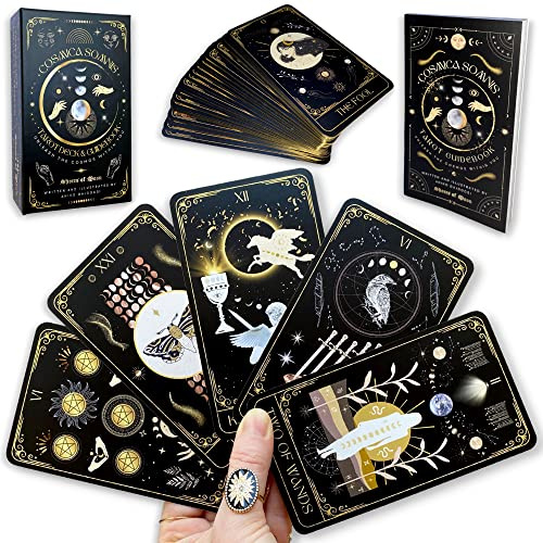 Shores Of Moon Cosmica Somnis Tarot Baraja con guía y caja – 78 cartas completa completa Sueños cósmicos Astrología Celestial Herramienta de adivinación de oro