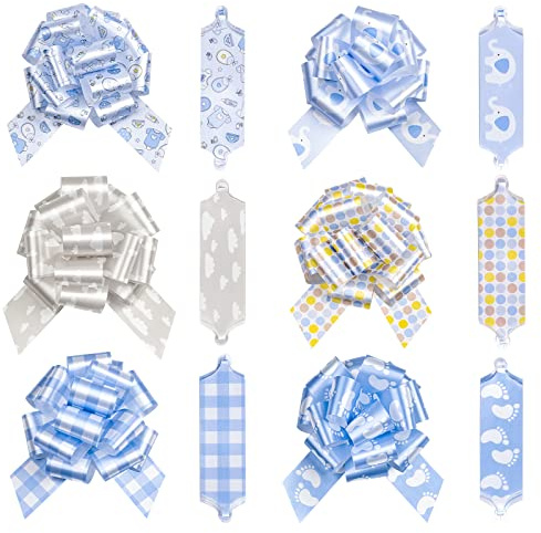 LeZakaa 12PCS Pull Bows with Ribbon - Blue Gift Bows with Elephant, Cloud, Foot Print Design - Perfect for Baby Boy