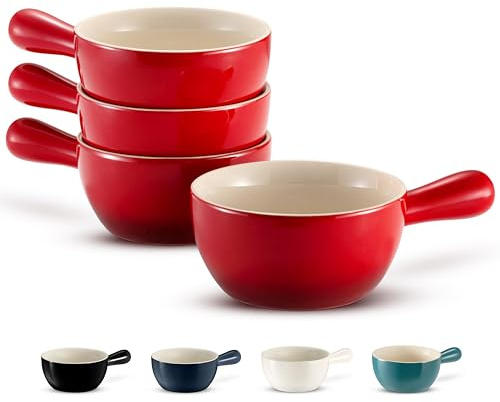 Kook French Onion Soup Crocks, Stackable Ceramic Bowls with Handles, Oven, Microwave and Dishwasher Safe, for Cereal, Soups, Casseroles, with Handle, Stoneware, 24 oz, Set of 4, Crimson Ombre