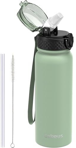 GOPPUS 600ml/20oz Stainless Water Bottle with Straw Double Wall Insulated Bottles with Strap Reusable Vacuum Thermal Flask Leakproof Keep Cold Drinks Bottles with Flip Top Lid for Men Women BPA Free