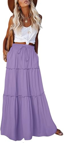 EARKOHA Womens Casual High Waist Tie Paisley Print Long Maxi Skirt with Pockets, Solid-lilac Purple, L