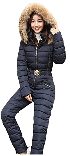 Damen Schnee-Jumpsuit Winter Warmer Schneeanzug Overall Eleganter Ski-Jumpsuit Pelzkragen Skijacke Schneeanzug Mit Kapuze Nicht Entfernbare Outdoor-Sporthose Skianzug Wasserdichtes Ski-Jumpsuit, navy