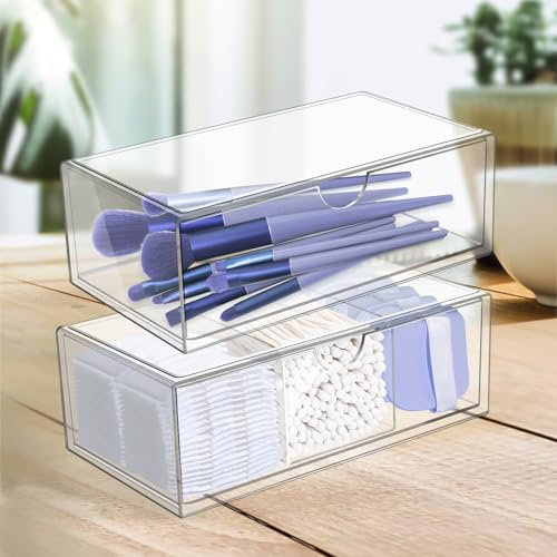 ZephyrCraft Organizzatore Trucco con Cassetti, 3 Scompartimenti in Acrilico Trasparente con Coperchio, Porta Bastoncini Cotone e Porta Dischetti Struccanti per Bagno, Toeletta o Scrivania