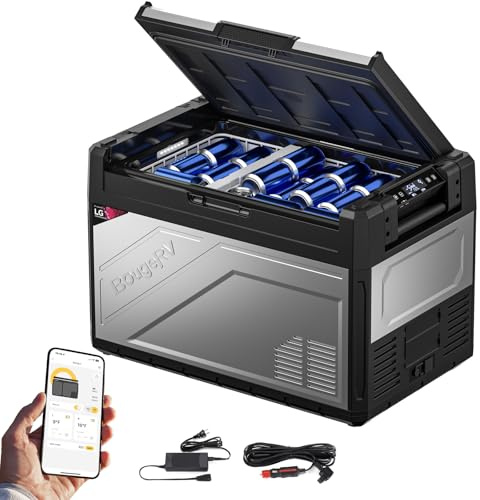 BougeRV Rocky2 52L Auto Kühlbox 12V 230V mit 5,7cc Kompressor Kühlbox Dual Zone mit Gefrierfach APP-Steuerung Abnehmbare Trennwand, Auto Kühlschrank 12/24V Camping Reisen Boot Angeln Kühlt bis -20 °C