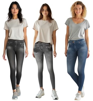 ShopINess Lot de 3 Jeggings Femme Effet Jean – Leggings Élastiques et Gainants sans Couture – Pantalons Confortables Taille Haute sans Fermeture – Bleu, Noir et Gris (L-XL)