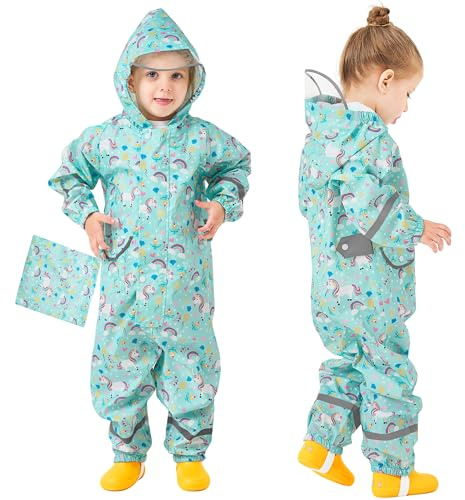 Domueay Chubasquero Niña Mono Impermeable Chaquetas Ligero Lindos Traje de Lluvia Plegable Capa de Lluvia con Detalles Reflectantes y Capucha 5-7 años, Verde