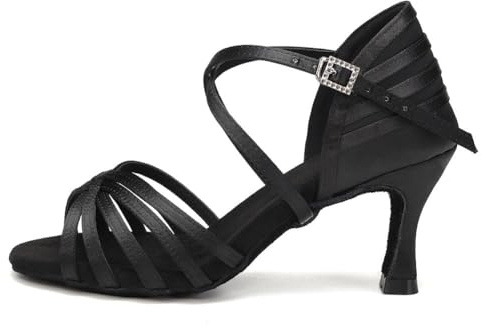 GYUBL Latinamerikanska dansskor för kvinnor högklackade satin öppen tå salsa Bachata Tango samba balsal fest övningsdansskor, Svart 7 5 cm klack, 40 EU
