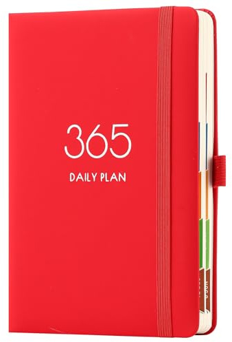 Dagbok 2026, A5 2026 dagbok dag per sida, daglig planerare, planera ditt år från jan. 2026 till dec 2026 med månatliga flikar, färgglad sidodesign, pennögla och bakficka (röd)