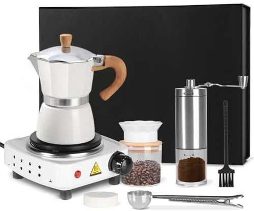 OKYUK Set di caffè espresso 7 in 1, in alluminio, per piano cottura, per 3 tazze, 150 ml, fornello elettrico, macchina per caffè espresso per cappuccino, latte, moka, per viaggi o campeggio (bianco)