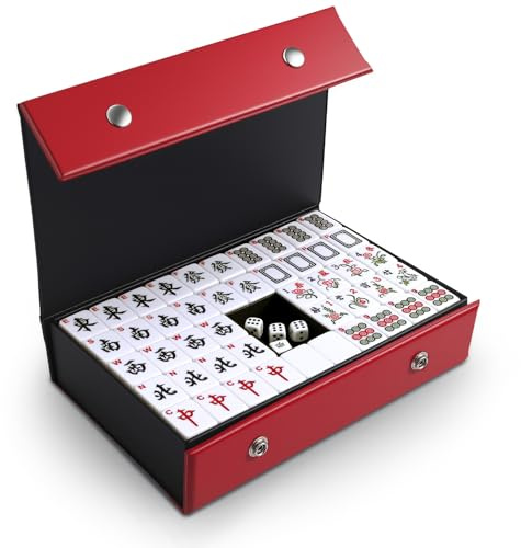 Mahjong Set, 144PCS Chinese Mahjong Tiles Set, Easy To Read Mah Jong Game, Solid Structure, Portable Medium Size with English Number for Travel Party Family Game 麻将, Ideal Board Game, 3.0x2.25x1.7cm