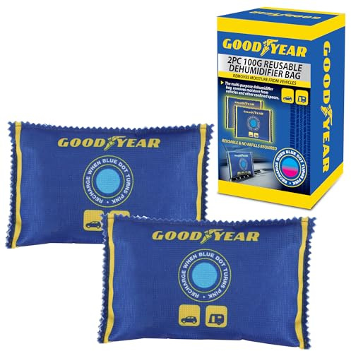Goodyear 2pc 100g Reusable Dehumidifier Bags – Heavy-Duty Moisture Absorbers for Vehicles, Boats & Small Confined Spaces, Eco-Friendly with No Refills Needed, Blue
