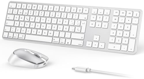 OMOTON Tastiera e mouse wireless Bluetooth per Mac (MacBook Air/MacBook Pro/iMac/iMac Pro), tastiera e mouse USB ricaricabili per Mac OS, con 3 canali Bluetooth, scrittura silenziosa, argento
