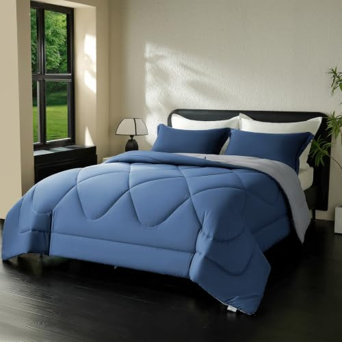 beeweed Edredón reversible para todo el año, 155 x 220 cm, certificado Öko-Tex, 300 g/m², para las 4 estaciones, edredón de microfibra suave, con fundas de almohada, azul marino y gris claro