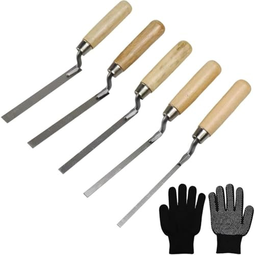 Set di 5 cazzuole per fughe, larghezza 6/8/10/12/15 mm, con manico in legno, in acciaio al carbonio, strumento da muratore per intonaco, spatola e lavori di fughe, ferro per fughe