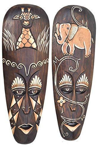 Interlifestyle 2 Holzmasken im Afrika Look mit Elefant und Giraffen Motiv 50cm