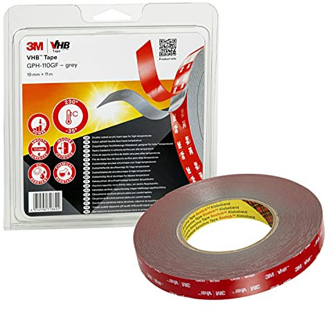 3M VHB GPH-110GF Montage Klebeband doppelseitig - hohe Temperaturbeständigkeit, Verbindung von Aluminium, Edelstahl, verzinktem Stahl, Polycarbonat, ABS - 19mm x 11m, Grau, Dicke: 1.1mm (1-er Pack)