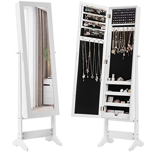GOPLUS Armoire à Bijoux avec Miroir Inclinable en 3 Positions, Armoire à Bijoux sur Pied Grand Rangment avec 4 Étagères, Organisateur de Bijoux Réglable pour Chambre à Coucher, Salon, Blanc